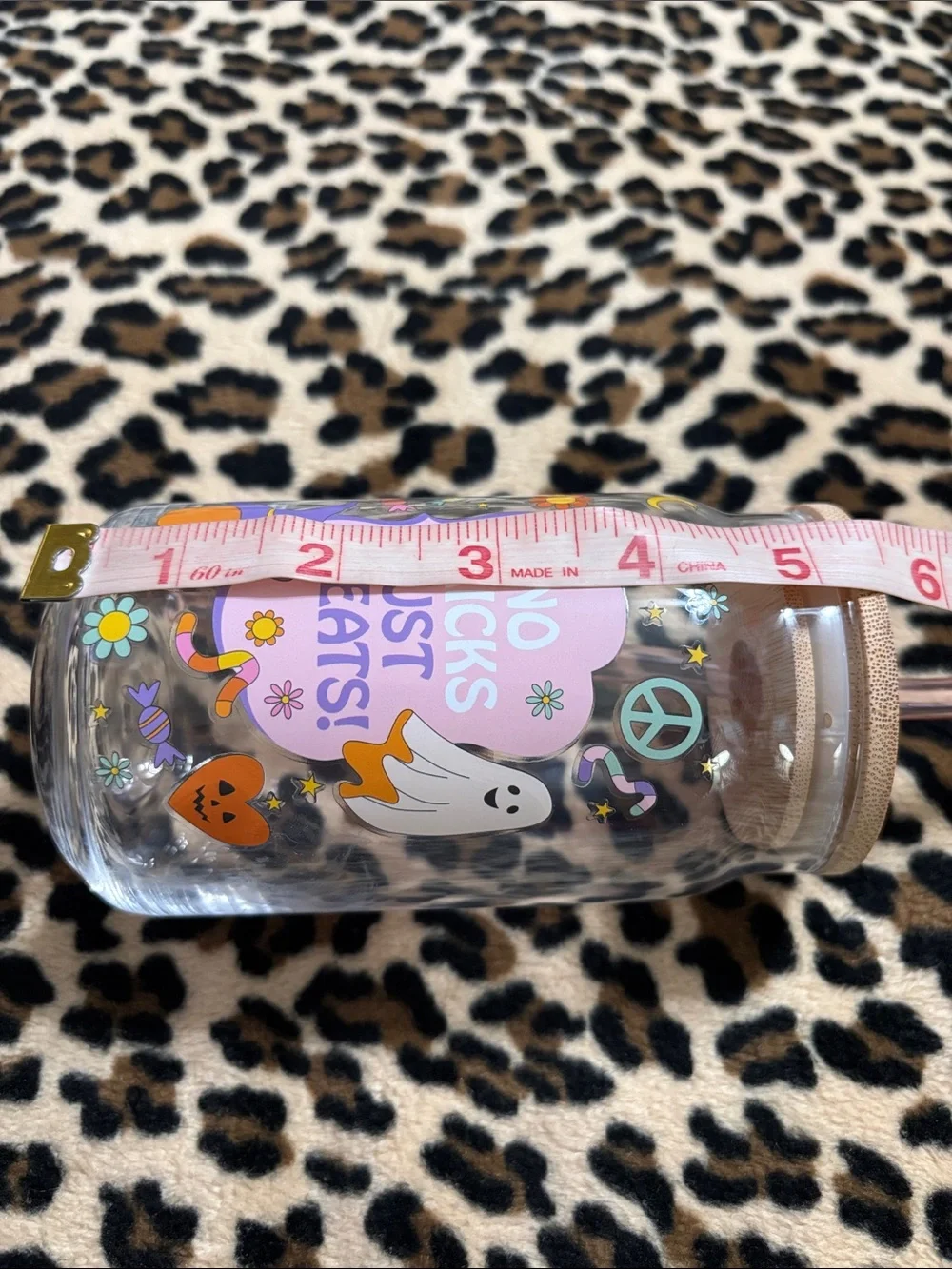 NO TRICKS JUST TREATS 💜🧡 Glass Tumbler Cup Straw Halloween Ghost Pumpkin Dorm
